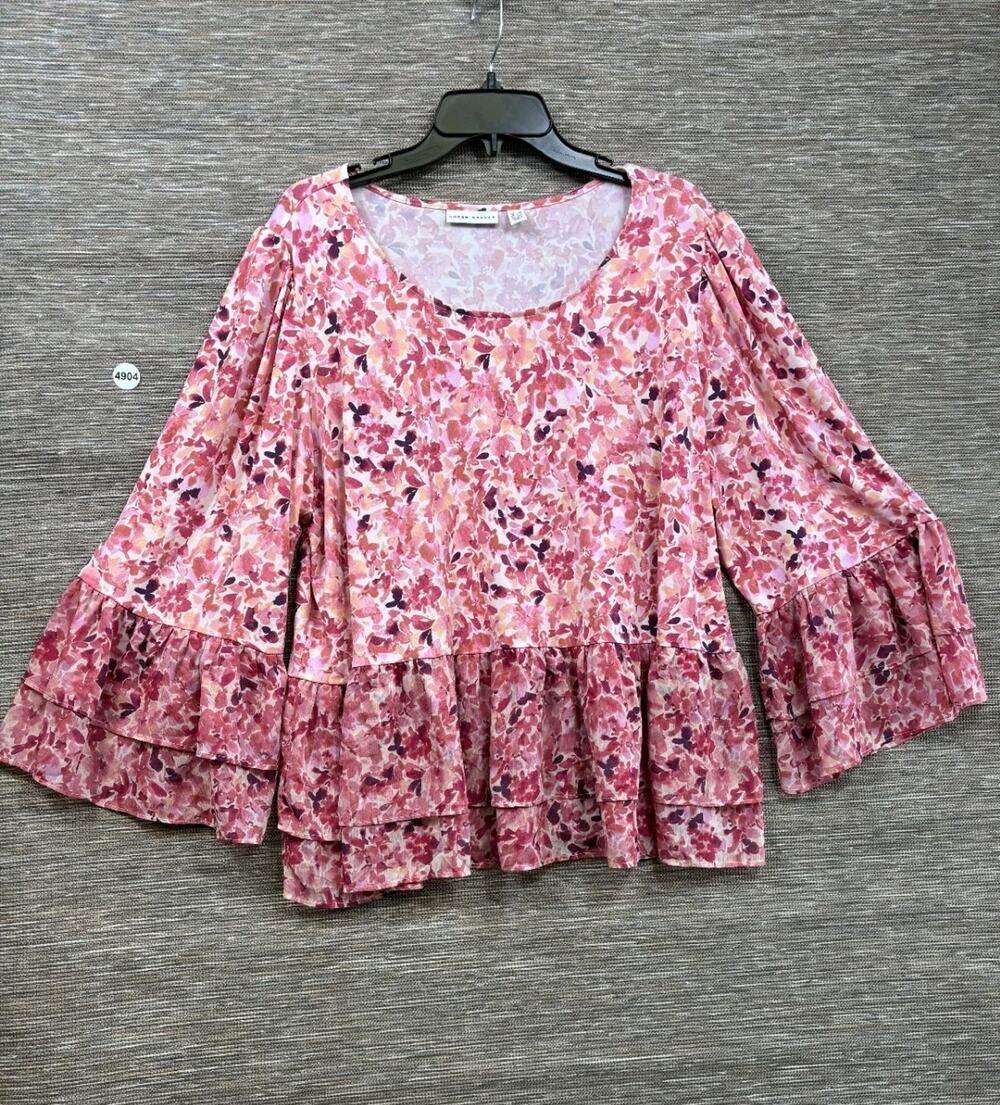 Susan Graver Printed Liquid Knit Scoop Neck Top with Woven Ruffle Sunset Glow 1X